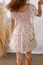 Pink Front Tie Shirred Waist Short Sleeve Ruffled Floral Mini Dress