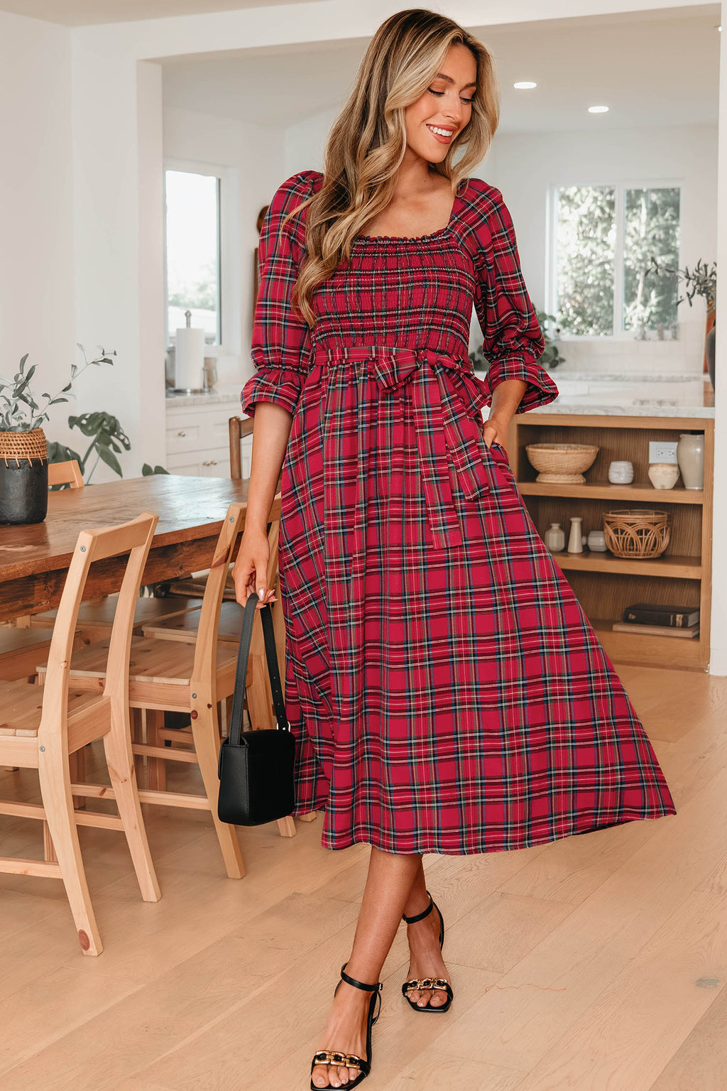 Red Tartan Plaid Square Neck Puff Sleeve Knot Waist Flared Midi Dress