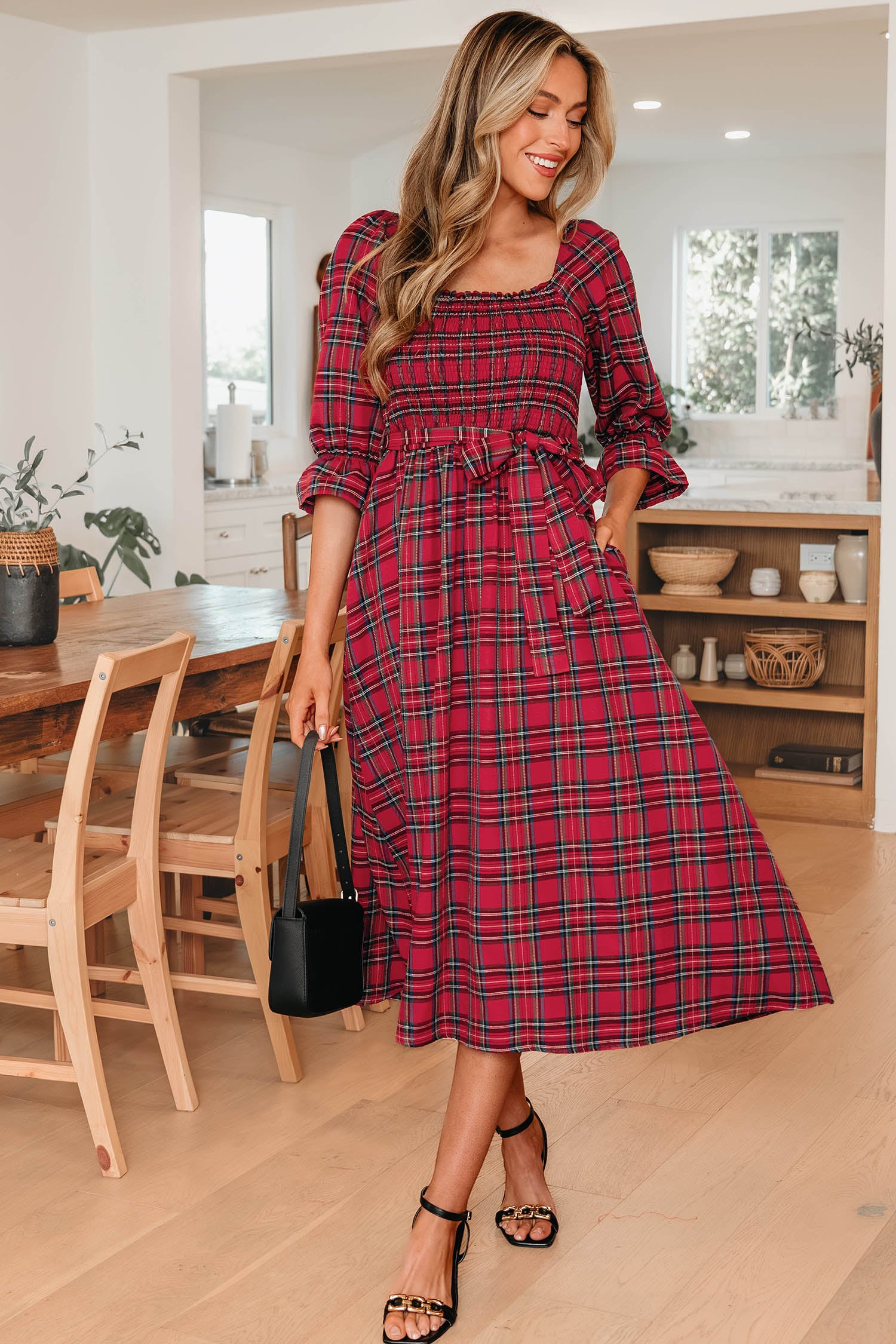 Red Tartan Plaid Square Neck Puff Sleeve Knot Waist Flared Midi Dress