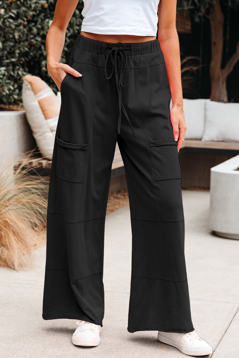 Black Mineral Wash Exposed Seam Drawstring Elastic Waistband Wide Leg Cargo Pants