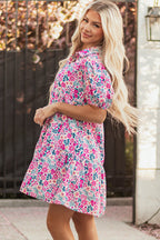 Pink Floral Collared Half Placket Short Sleeve Loose Dress