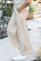 Khaki Stripe Print Wide Leg Drawstring Elastic Waistband Pants