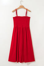 Racing Red Textured Shirred Ruffled Trim Spaghetti Strap Midi Dress