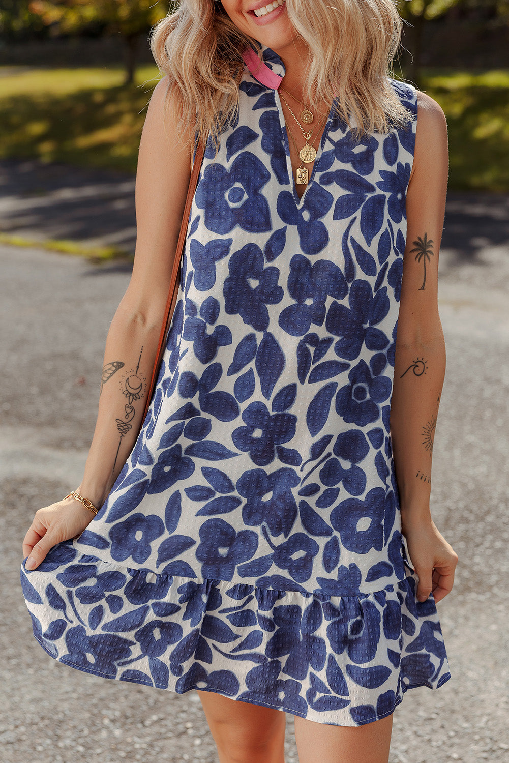 Blue Floral Sleeveless Colorblock Notched V Neck Mini Dress
