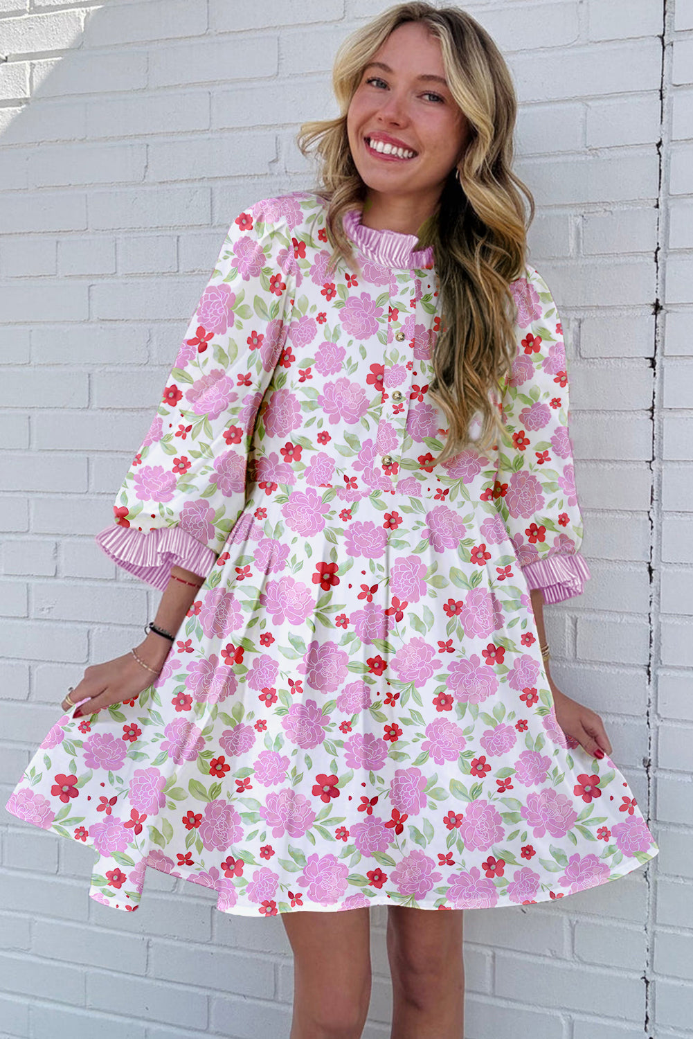 Pink Floral Print Striped Trim Frilled Neck 3/4 Sleeve Flared Mini Dress