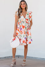 Pink Floral Double Ruffle Sleeve V Neck High Waist Mini Dress