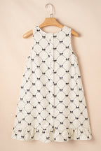 White Bow Checker Pearled Buttons Back Ruffled Sleeveless Mini Dress