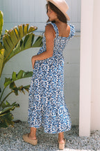 Sky Blue Boho Print Smocked High Waist Maxi Dress