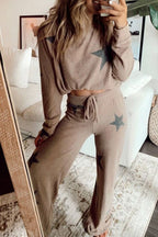 Khaki Retro Star Print Loose Long Sleeve Drawstring Wide Leg 2pcs Lounge Set