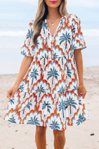 Orange Contrast Palm Tree Printed Short Sleeve Flowy Dress