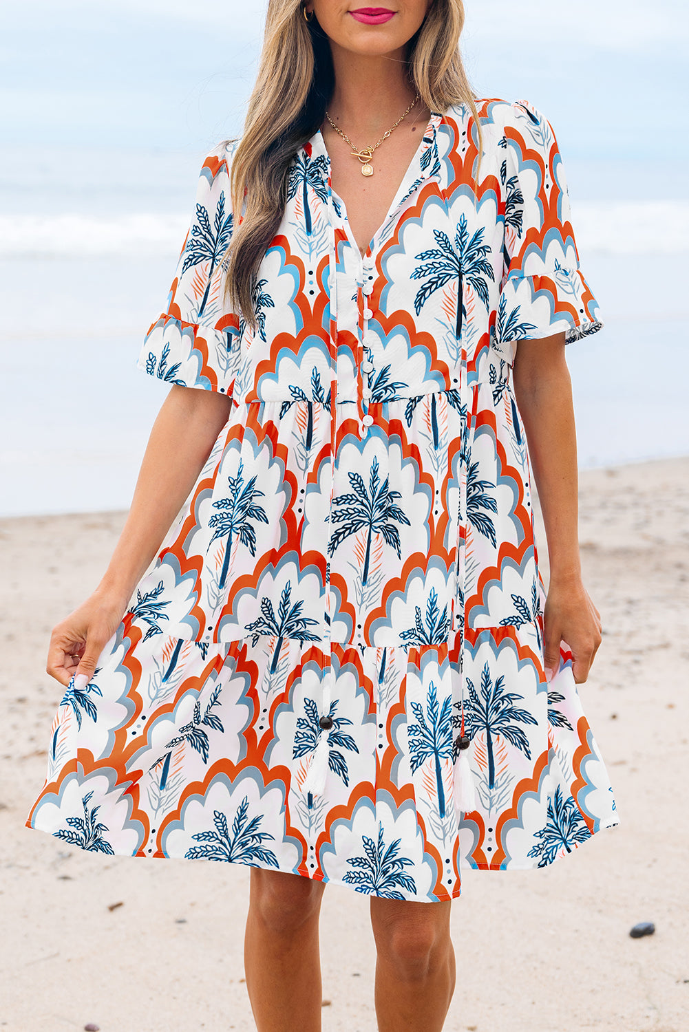 Orange Contrast Palm Tree Printed Short Sleeve Flowy Dress
