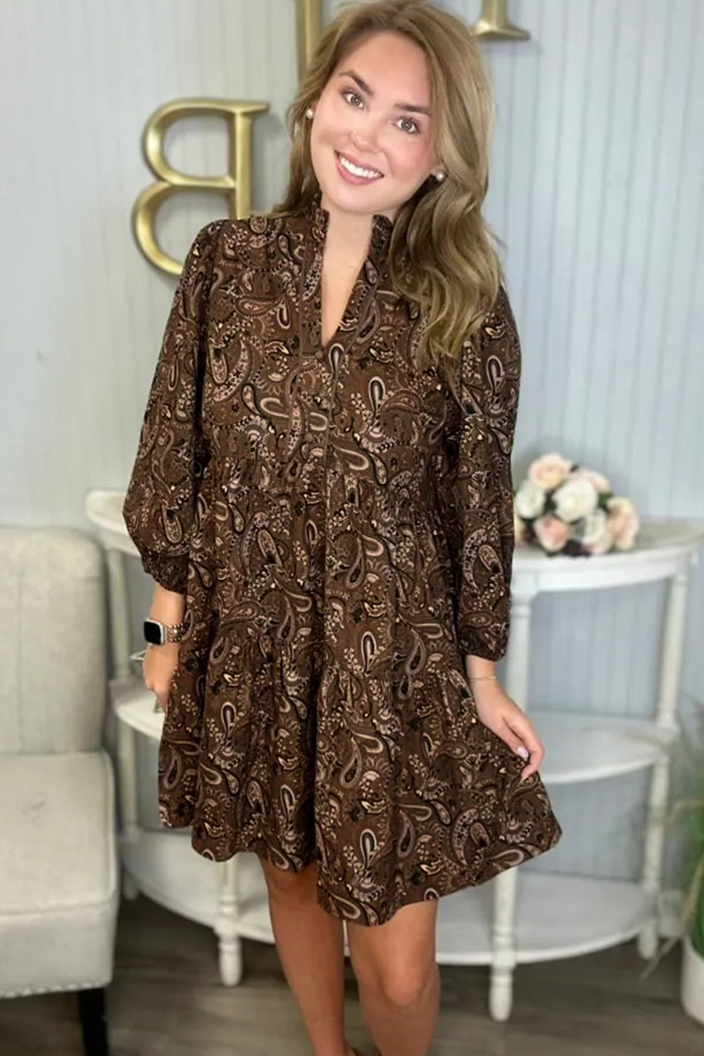 Brown Paisley Print Half Buttons Puff Sleeve Flowy Short Dress