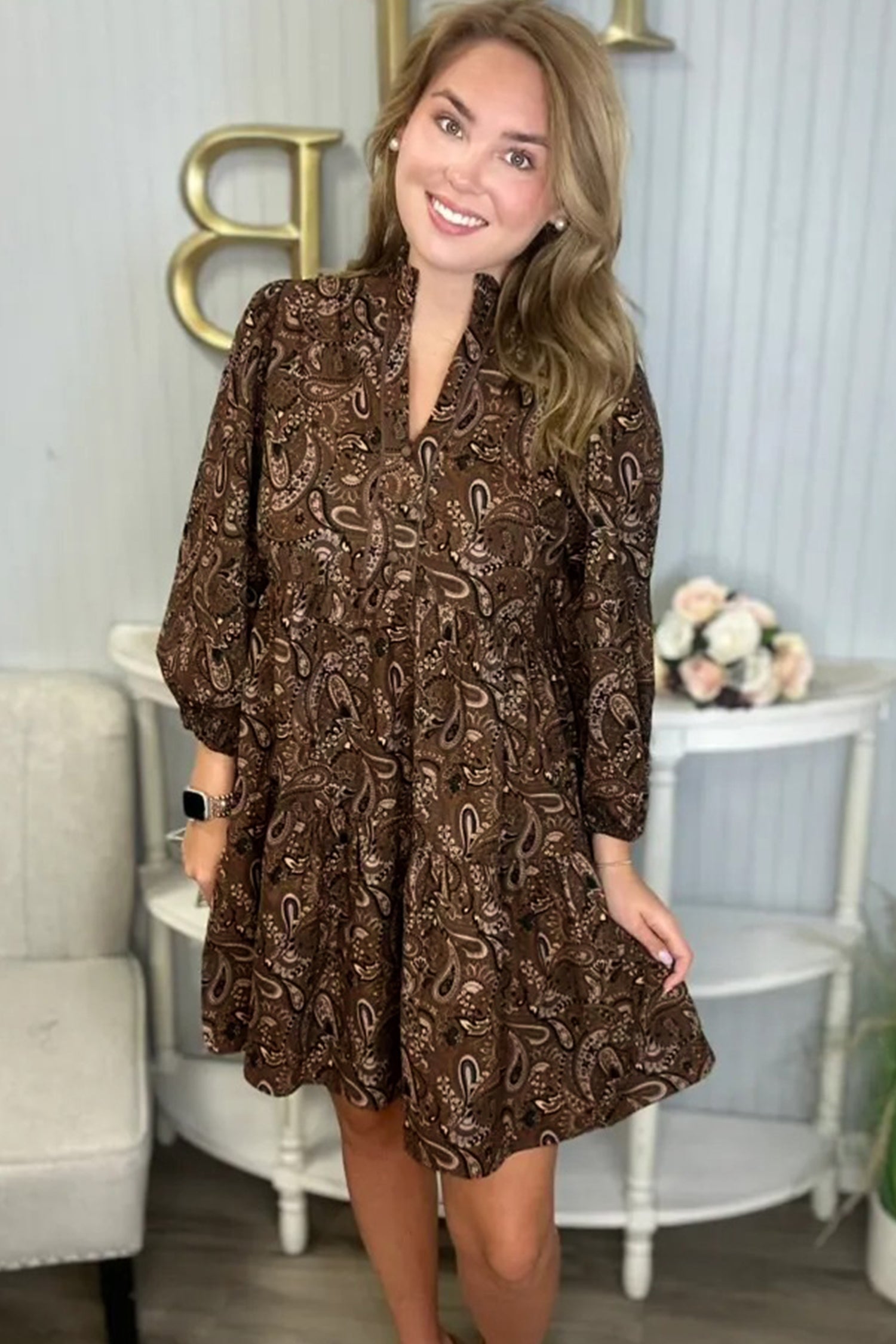 Brown Paisley Print Half Buttons Puff Sleeve Flowy Short Dress