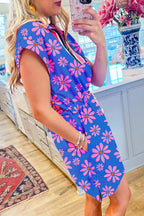 Purple Floral Striped Quarter Zip Cap Sleeve Drawstring Waist Mini Dress