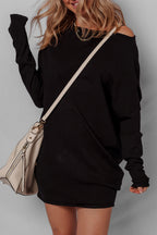 Black Asymmetric Neck Batwing Sleeve Shift Mini Sweater Dress