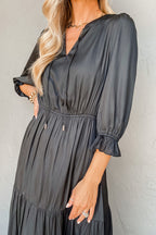 Black Flounced Bracelet Sleeve V Neck Tiered Maxi Dress