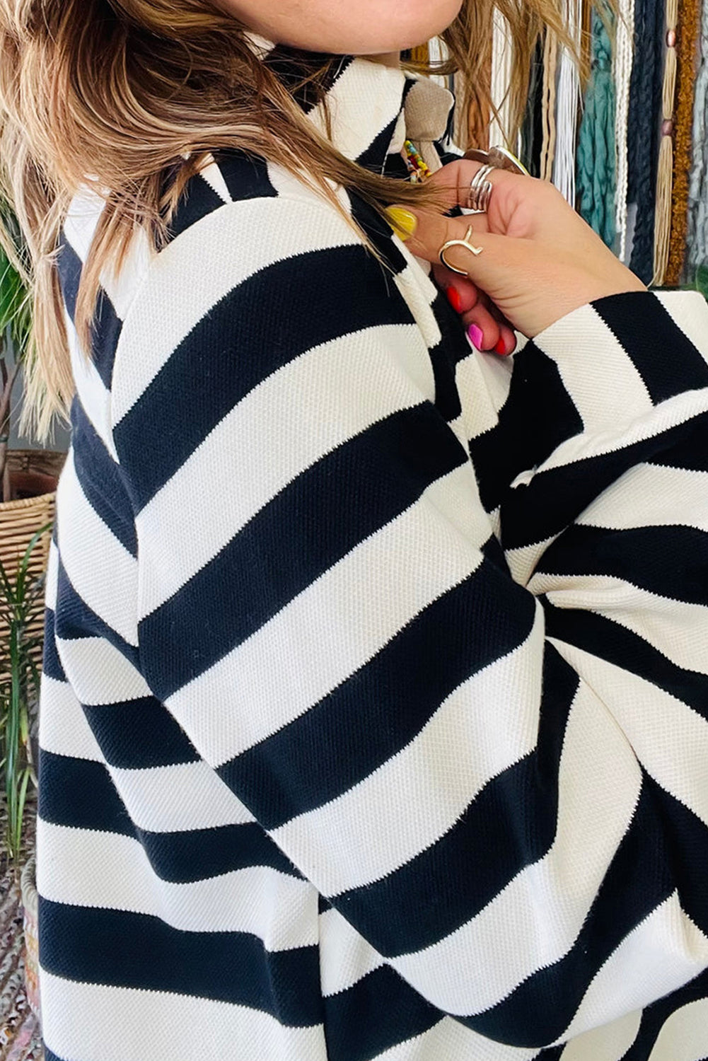 Red Stripe Polo Neck Shift Fit Sweatshirt Dress with Side Pockets