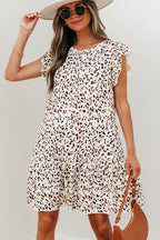 Khaki Leopard Ruffled Flutter Sleeve Keyhole Back Mini Dress