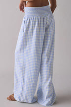 Myosotis Plaid Print Smocked High Waist Womens Loose Pants