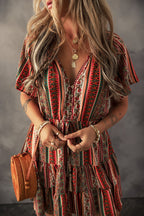 Red Bohemian Floral Print Buttoned V Neck Ruffle Tiered Dress