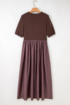 Coffee Short Sleeve Knit Top Patchwork Pleated Long Dress
