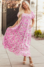 Pink Dainty Floral Smocked Puff Sleeve Flowy Long Dress