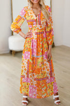 Orange Floral Patchwork Print Cut out Tied Back Bracelet Sleeve Maxi Dress