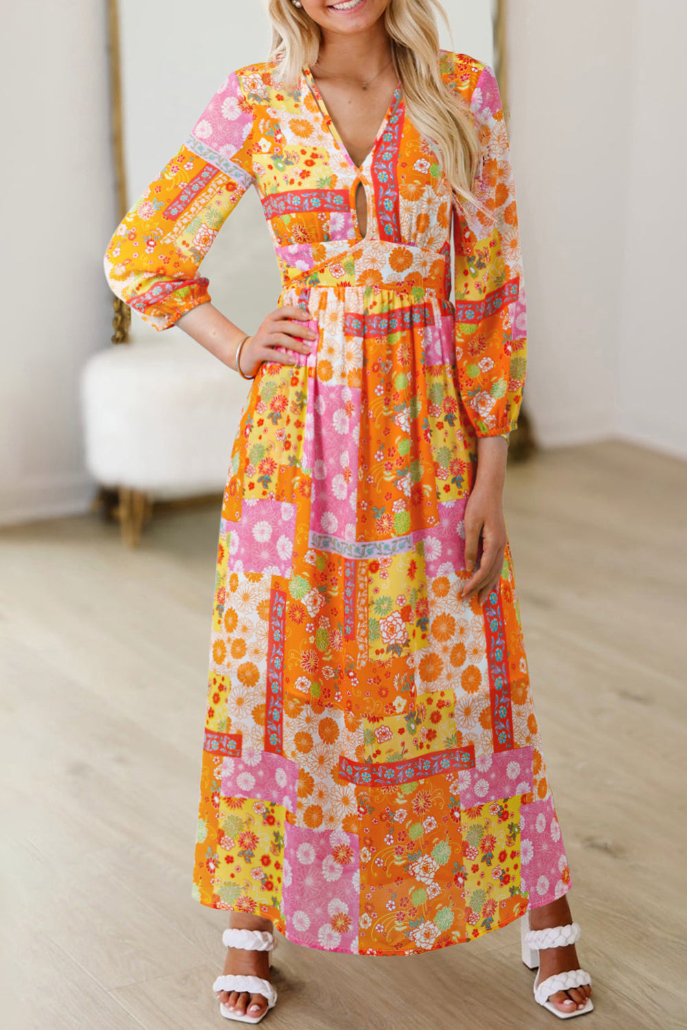 Orange Floral Patchwork Print Cut out Tied Back Bracelet Sleeve Maxi Dress