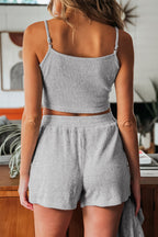 Light Grey 3 Pieces Rib Crop Camisole Matching Shorts Lounge Set with Cardigan