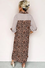 Brown Stripe Contrast Leopard Patchwork Long Shirt Dress with Slits
