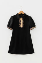Black Leopard Patchwork Zip Collared Short Puff Sleeve Shift Mini Dress