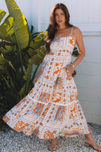 Orange Multi Printed Ricrac Trim Spaghetti Straps Maxi Dress