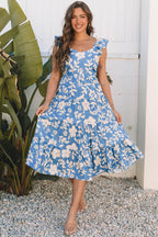 Sky Blue Floral U Neck Flutter Shoulder Tiered Flowy Midi Dress