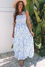 Sky Blue Floral Smocked Tied Straps A-Lined Tiered Maxi Dress