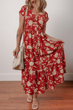 Red Floral Print Buttoned Front V Neck Tiered Short Sleeve Midi Dress