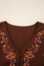 Burgundy Floral Embroidered Tassel Tie Waist Long Sleeve Mini Dress