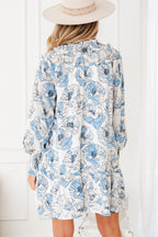 Sky Blue Floral Print Tie Neck Long Sleeve Flowy Mini Dress
