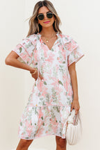 Pink Floral Contrast Edge Layered Short Sleeve Mini Dress