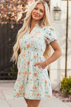 Beige Floral Print Shirred High Waist Puff Sleeve Mini Dress