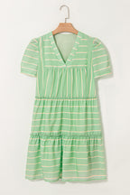 Green Stripe V Neck Short Sleeve Frilled Detail A-line Dress