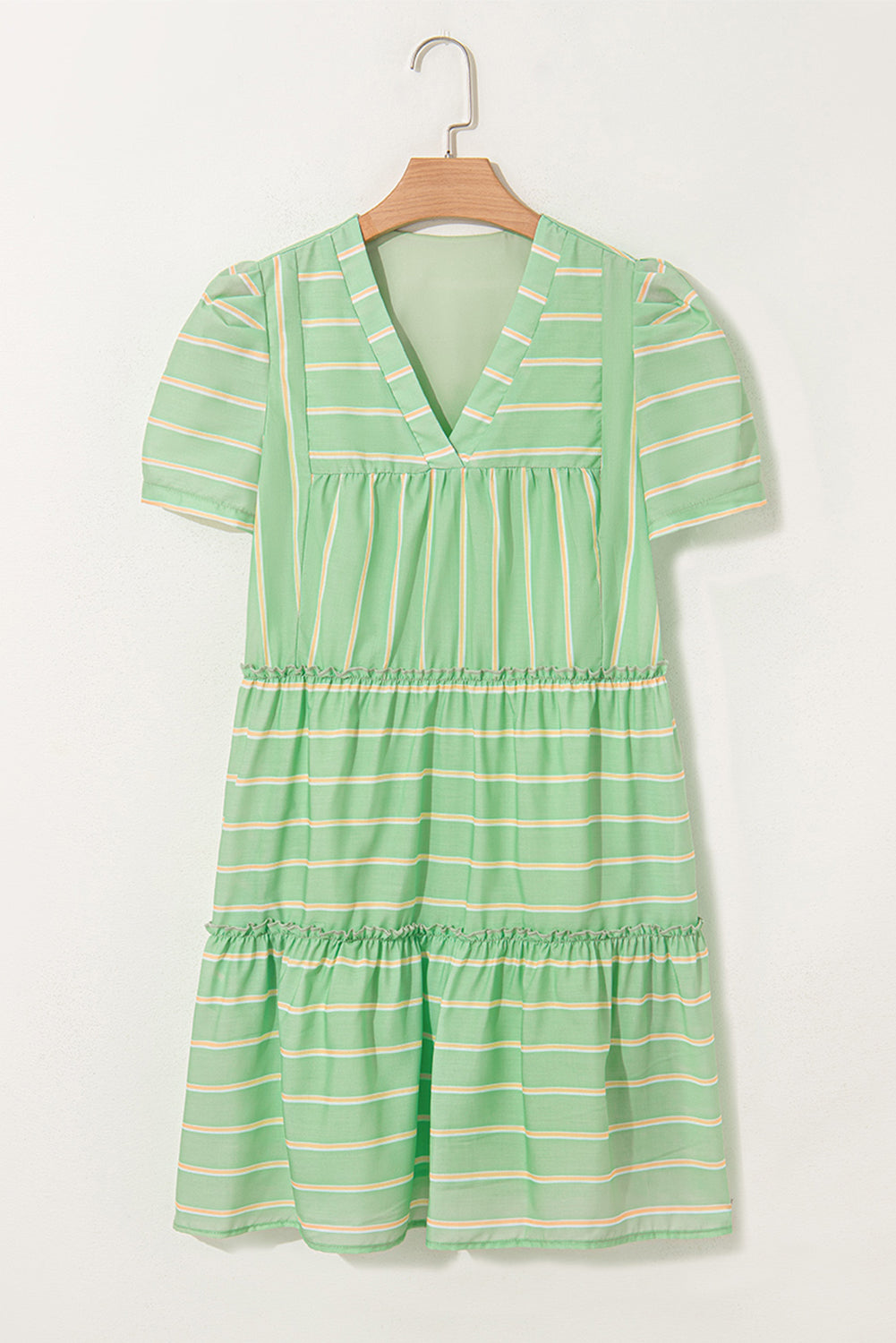 Green Stripe V Neck Short Sleeve Frilled Detail A-line Dress