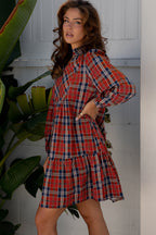 Green Plaid Print Frilly Collar Long Sleeve Shift Mini Dress