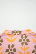 Pink Floral Print Zip Neck Striped Patchwork Long Sleeve Drawstring Dress