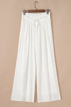 White Solid Drop Waist Pleated Wide Leg Casual Pants