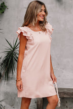Light Pink Textured Flutter Sleeve Square Neck Bow Back Mini Dress