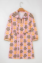 Pink Floral Print Zip Neck Striped Patchwork Long Sleeve Drawstring Dress