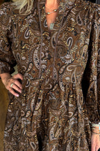 Brown Paisley Print Half Buttons Puff Sleeve Flowy Short Dress
