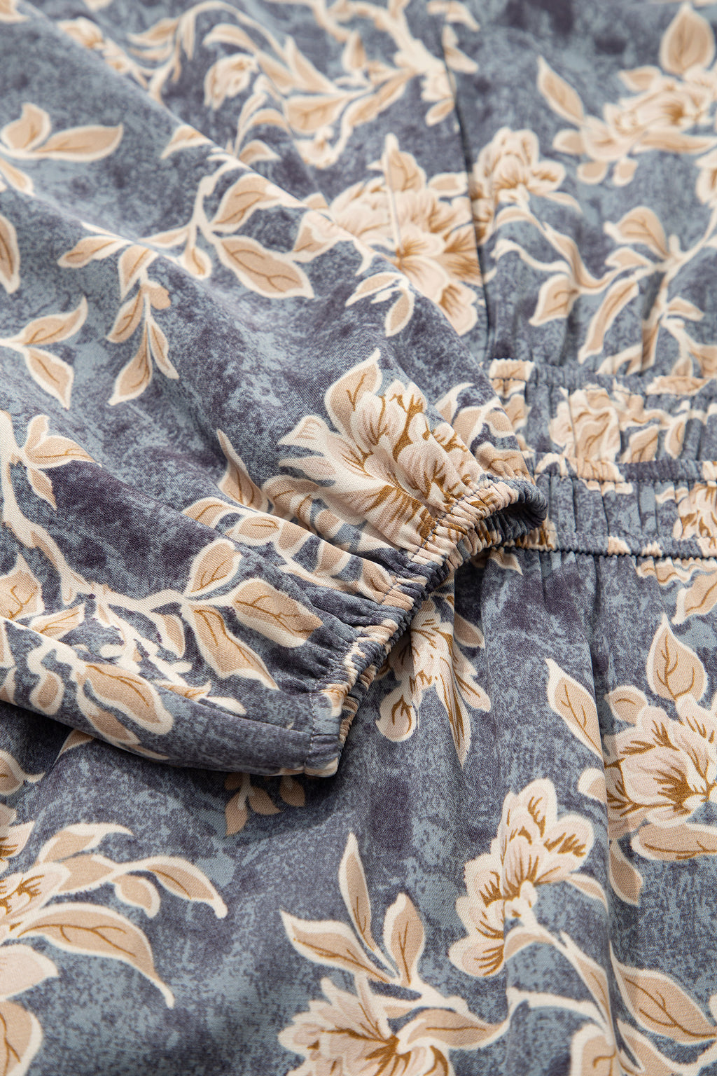 Sky Blue Floral Print Smocked High Waist Long Sleeve Maxi Dress