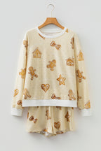 Beige Gingerbread Man Christmas Print Long Sleeve Pullover Lounge Short Set
