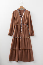 Chestnut Floral Patchwork Detail Notched Neck Long Sleeve Maxi Dress